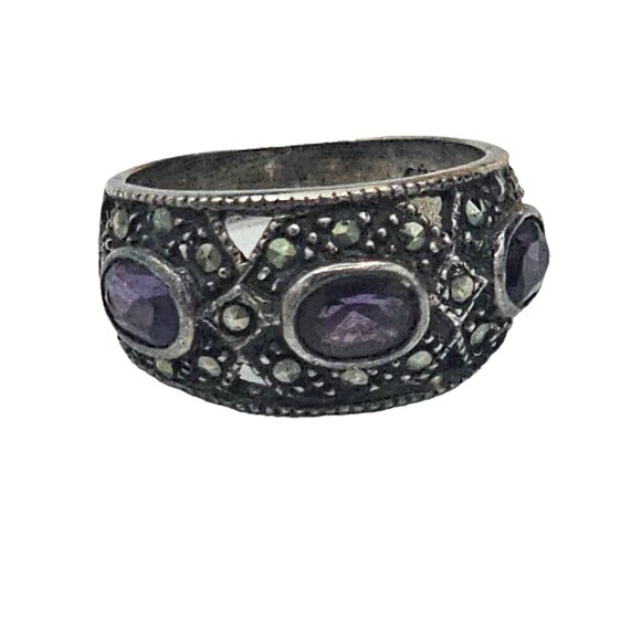 Vintage Sterling Purple Stone Marcasite Ring Intricate Filigree Design Sz 7 - Picture 1 of 9